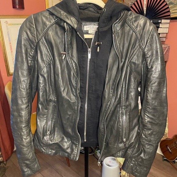 Lamarque Caroline Black Leather Jacket with sweatshirt head. Size XS Retail $700 - Picture 3 of 9